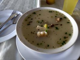 Peruvian restaurants often have a set menu for lunch. You choose a soup/appetizer, then a main course. This is caldo blanco.